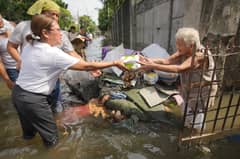 MALABON Representative Josephine Veronique R. Lacson-Noel hands hot meals donated by Ayala Foundation to a resident affected by flood.